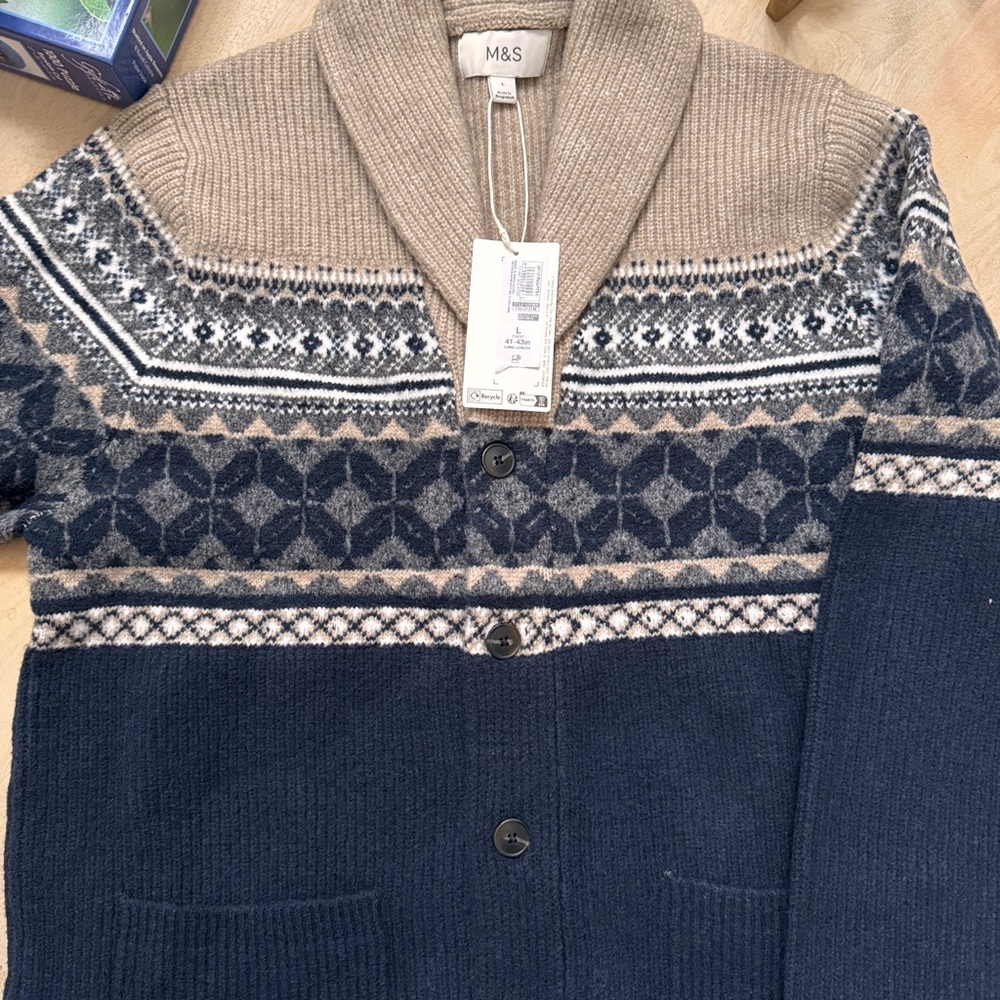 Men's Blue and Tan Cardigan Sweater